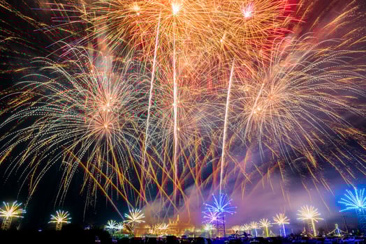 firework on the river at nights photo