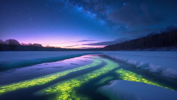 Glowing River Under Starry Night Sky Flows Through Frozen Landscape photo