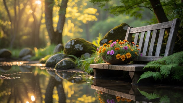 Flowers on Wooden Bench Near Pond in Sunny Garden Setting photo