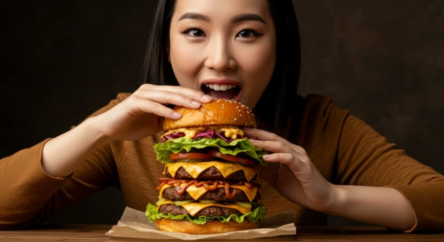 Young Asian woman with a delighted expression about to eat a large gourmet stacked burger photo
