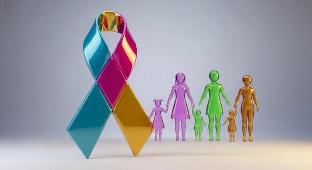Multi colored awareness ribbon with stylized female figures symbolizing support and community photo