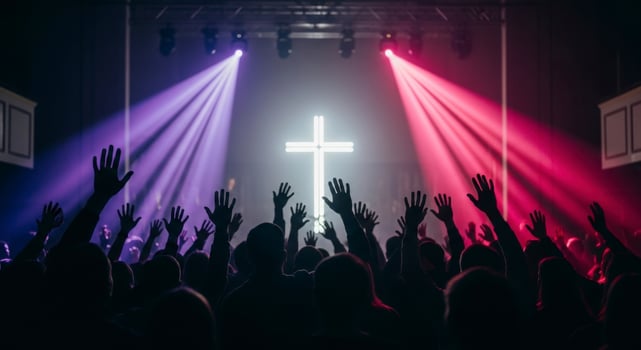 Crowd with raised hands at a worship event, illuminated by purple and pink spotlights and a glowing cross. photo