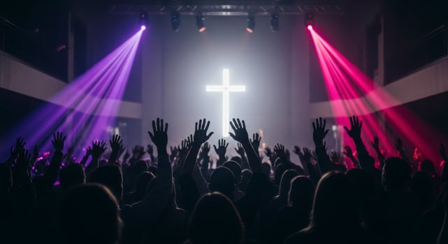 Large crowd with hands raised in worship towards a glowing cross on a stage with spotlights photo