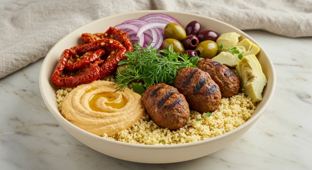 A colorful Mediterranean bowl with grilled kofta, couscous, hummus, and fresh vegetables. photo