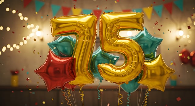 75th Birthday, Gold number balloon composition with colorful elements, ideal for celebratory website headers, online stores, or anniversary email campaigns. photo