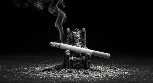 Monochrome image of a lit cigarette on a skeleton king throne with ash and smoke photo