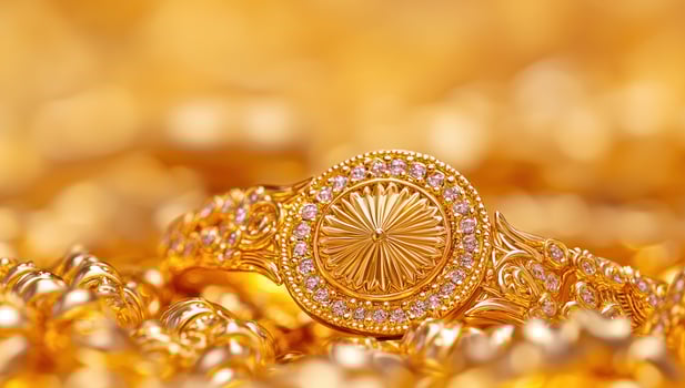 Intricate gold bracelet with sparkling stones on a golden background, symbolizing luxury and wealth. photo