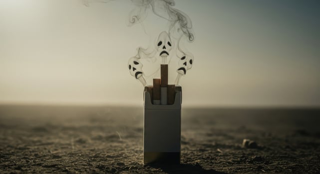 Cigarette pack with smoke forming sad skull faces symbolizing health risks and addiction. photo