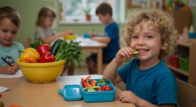 Happy young boy with curly hair eating healthy vegetable snack in a vibrant daycare classroom. photo