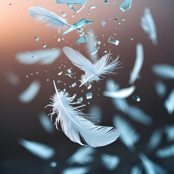 A cinematic photo of white feathers floating in the air.