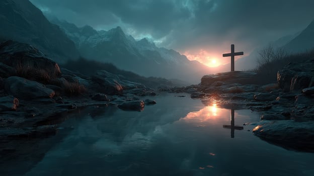 Mountain landscape at dusk with reflection of cross in water and dramatic sky photo