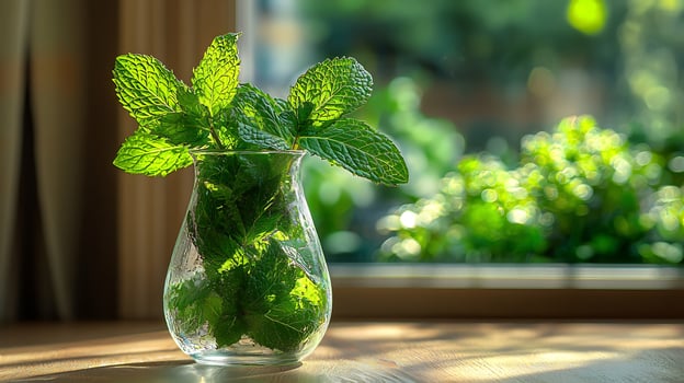 A vase filled with green leaves photo