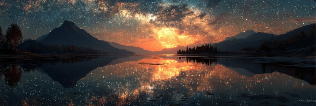 Majestic sunset over tranquil lake reflecting vibrant colors and stars in the clear sky near a mountain range photo