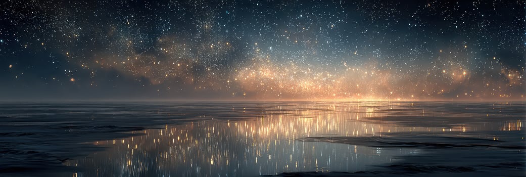 Night sky filled with stars reflects on calm waters under soft light in a serene landscape photo