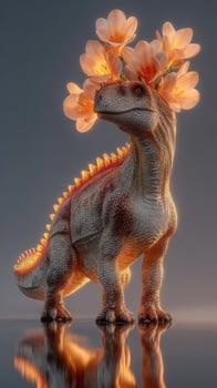 Dinosaur sculpture adorned with flowers stands majestically in a serene setting during golden hour photo