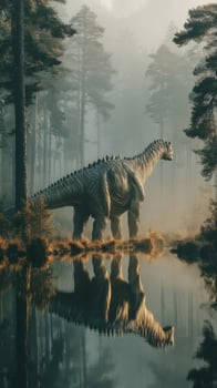 Large dinosaur stands majestically near a calm lake surrounded by misty forest at sunrise photo