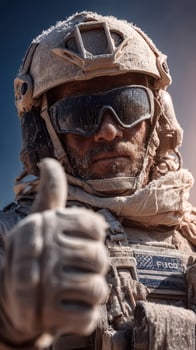 Soldier giving a thumbs up while covered in desert dust during a military operation in a war-torn region photo