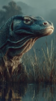Large reptilian creature emerging from water at dawn in a misty, lush environment with tall grass photo
