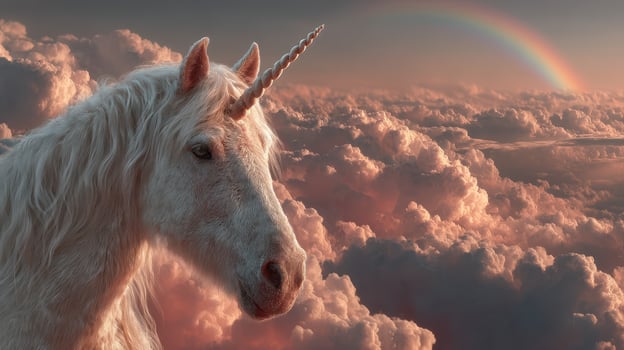 Magical unicorn standing amidst fluffy clouds under a vibrant rainbow at sunset photo