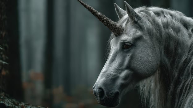 Mystical unicorn standing in a foggy forest with enchanting atmosphere and calm demeanor photo