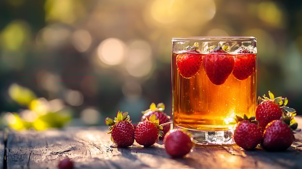 A glass of tea with strawberries on a wooden table photo