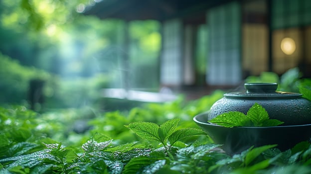 Green tea pot in the garden photo