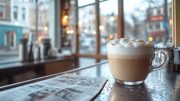 A coffee cup sitting on a table with a newspaper photo