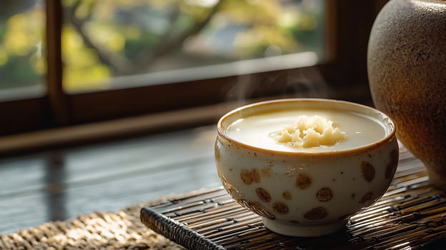 A cup of coffee sitting on a table next to a vase photo