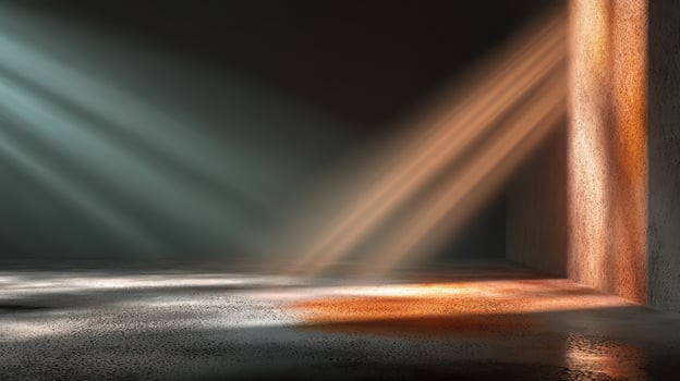 Light beams create a captivating atmosphere in a dimly lit room during late afternoon hours photo