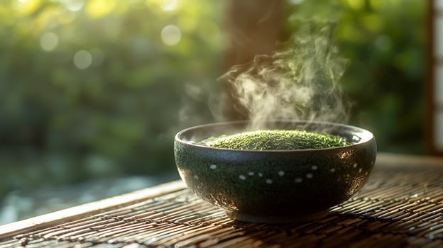 A bowl of green tea with steam on a wooden table photo