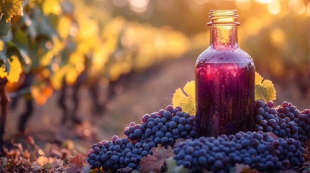 A bottle of wine and grapes in a vineyard photo