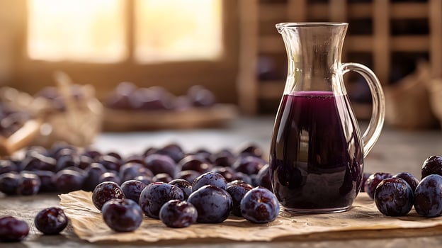 A jug of purple juice sits next to a bowl of plums photo