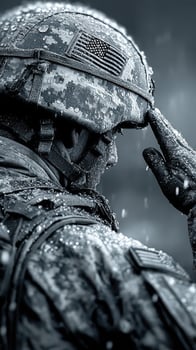 Soldier saluting under rain with determination and honor during military exercise in a remote training area photo