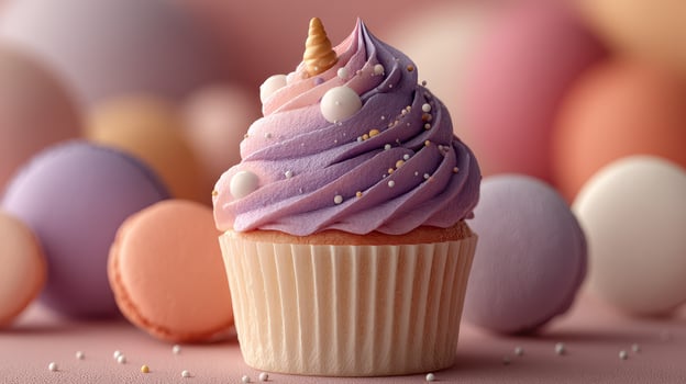Colorful decorative cupcake topped with purple frosting and sprinkles surrounded by pastel macarons on a pink surface photo