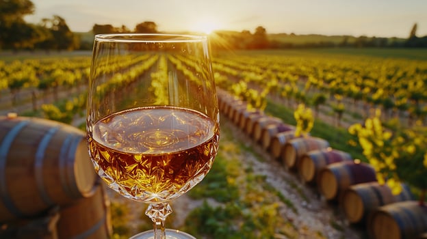 A glass of wine in front of a barrel photo