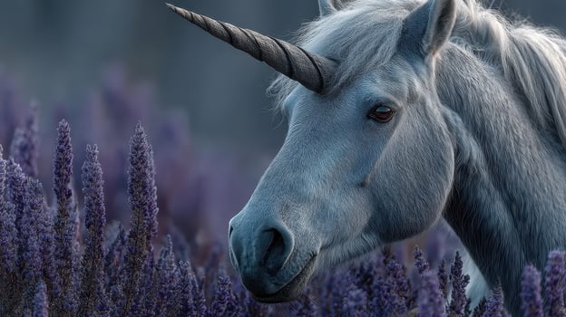 Gray unicorn stands among purple flowers in a serene landscape at twilight photo
