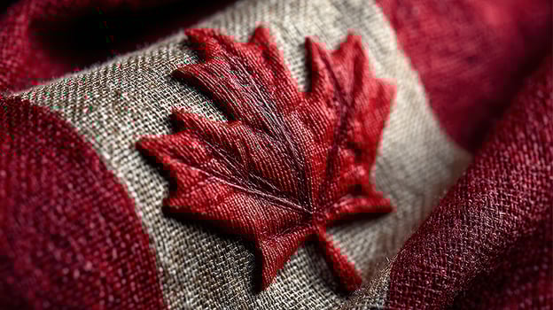 Red maple leaf emblem representing national pride of Canada on rustic fabric background photo