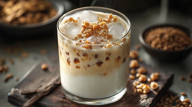 A glass of milk with ice cream and granola photo