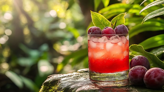 A drink with fruit and leaves on a rock photo
