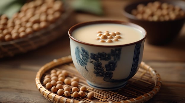 Soy milk in a cup on a wooden table photo
