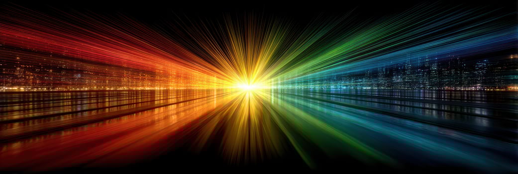 Colorful light beams radiate across a calm lake at dusk near a city skyline photo