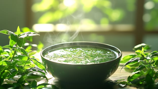 Green tea with steam on a wooden table photo
