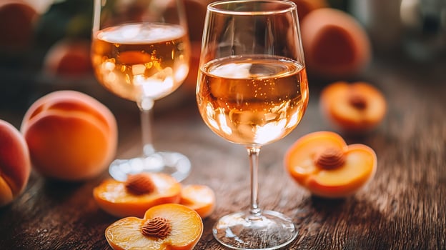 Two glasses of wine with peach slices photo