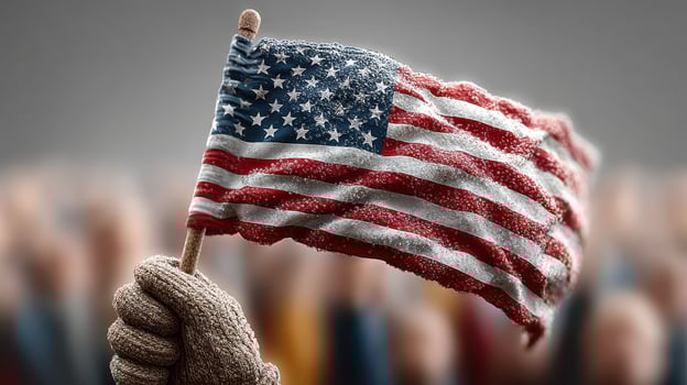 People proudly wave a weathered American flag at a rally during a sunny afternoon event promoting patriotism and national unity photo