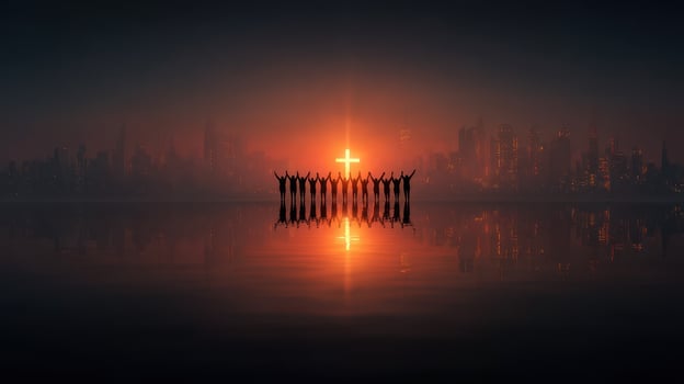 People celebrating a spiritual gathering with a cross against a sunset in an urban setting by a calm body of water photo