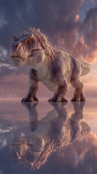 Dinosaur standing on a reflective surface at sunset with dramatic clouds in the background photo