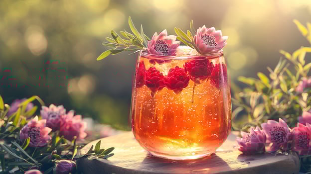 A glass of pink drink with flowers in it photo