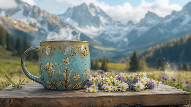 A cup of tea and flowers in the mountains photo