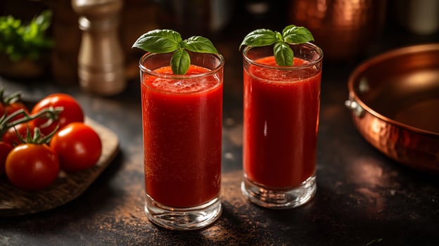 Two glasses of tomato juice with basil leaves photo