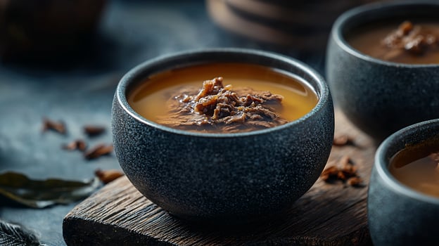 Three cups of tea with a bowl of nuts photo